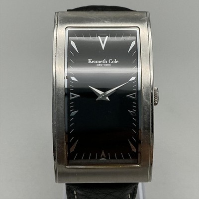 Kenneth Cole KC111 Mens Watch 28mm Curve Black Dial Leather Band New Battery