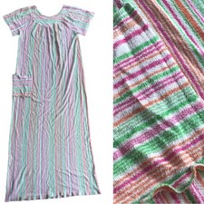 Vintage Colorful Terrycloth House Dress Muu Muu Nightgown Dress Pink Striped Med