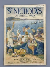 1921 US FLAG Patriotic BOATING Lake Illustration July 4th St Nicholas Magazine