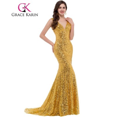 Grace Karin Gold Sequin Maxi Mermaid Lace up Back Dress UK 6 | eBay