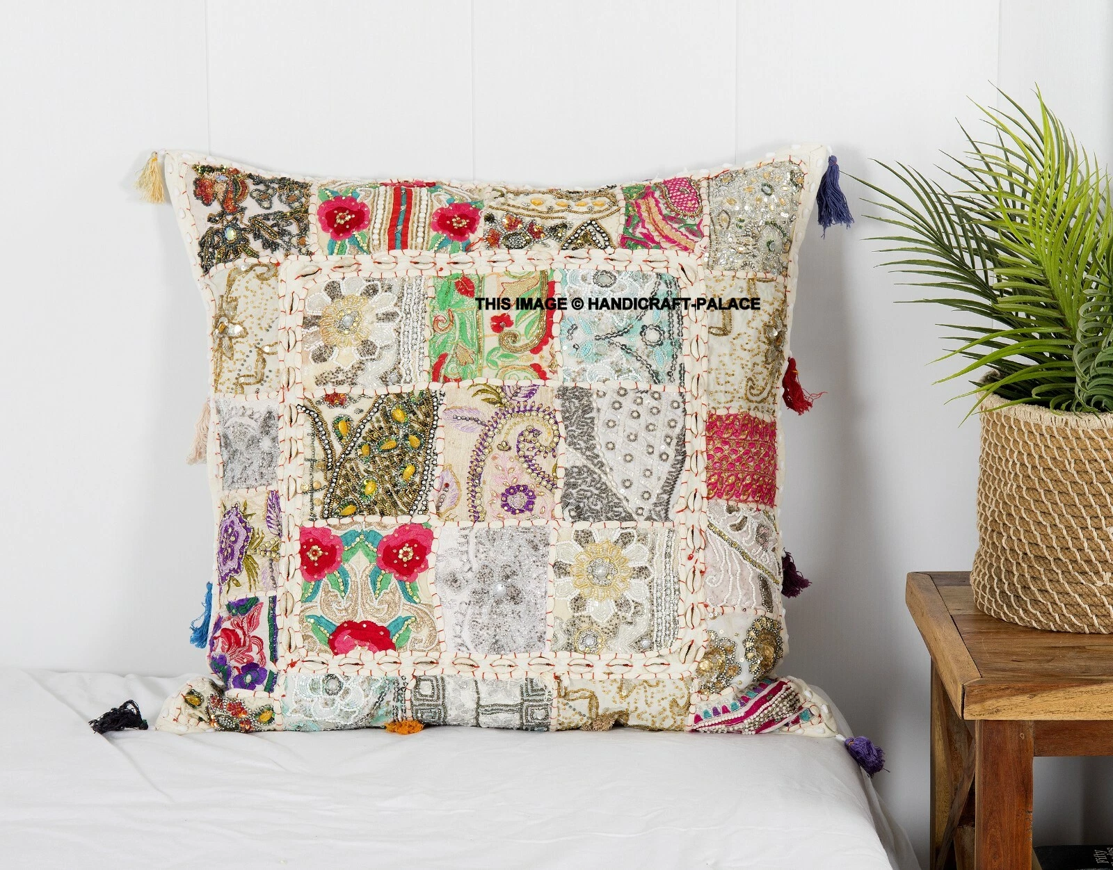 Throw Cotton Cushion Cover Indian Pillow Case Decor Home Sofa Patchwork Beaded