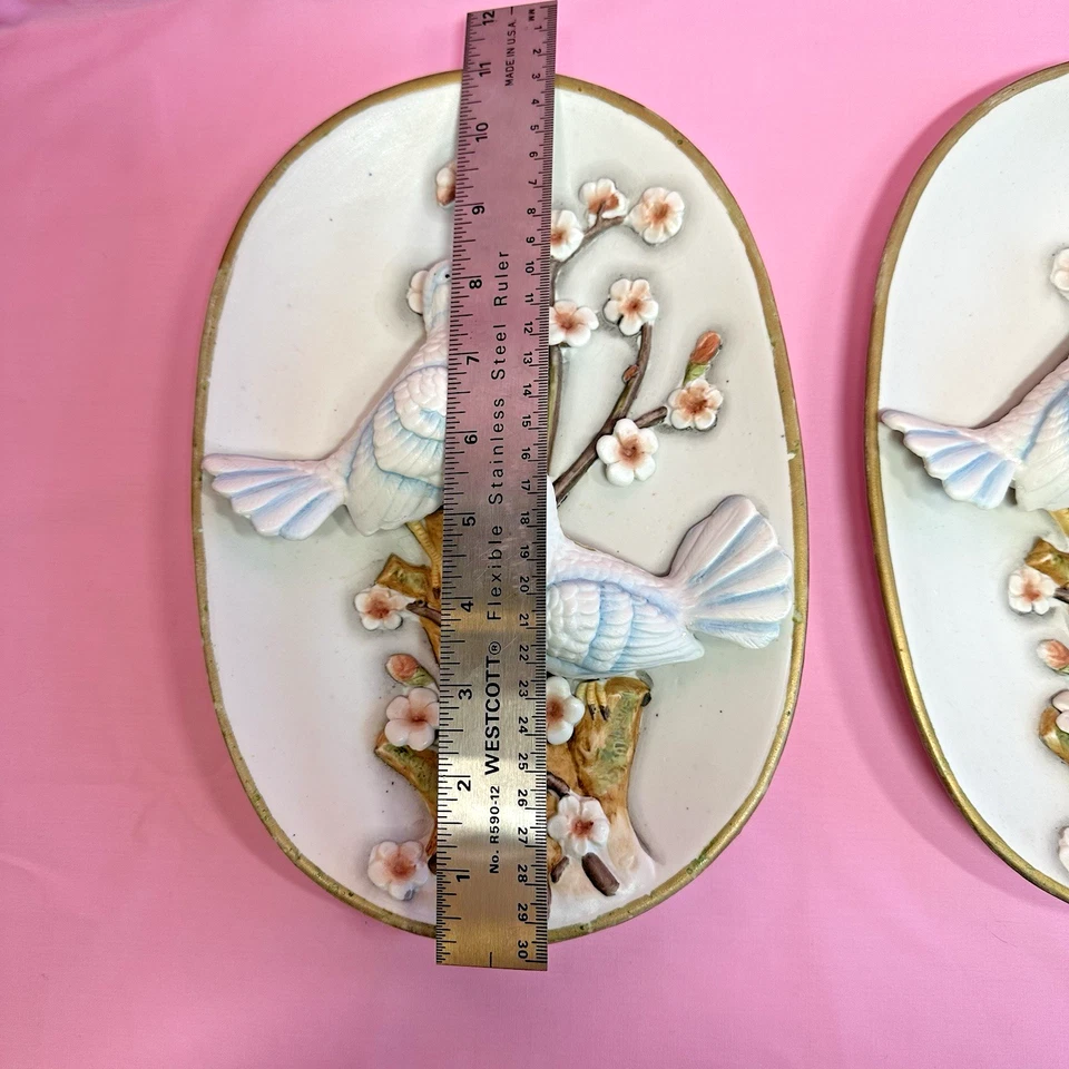 2 Pájaros 3D Vintage con Flores en Platos Ovalados Acabado Mate Cerámica Decoración de Pared Foto 3 de 4