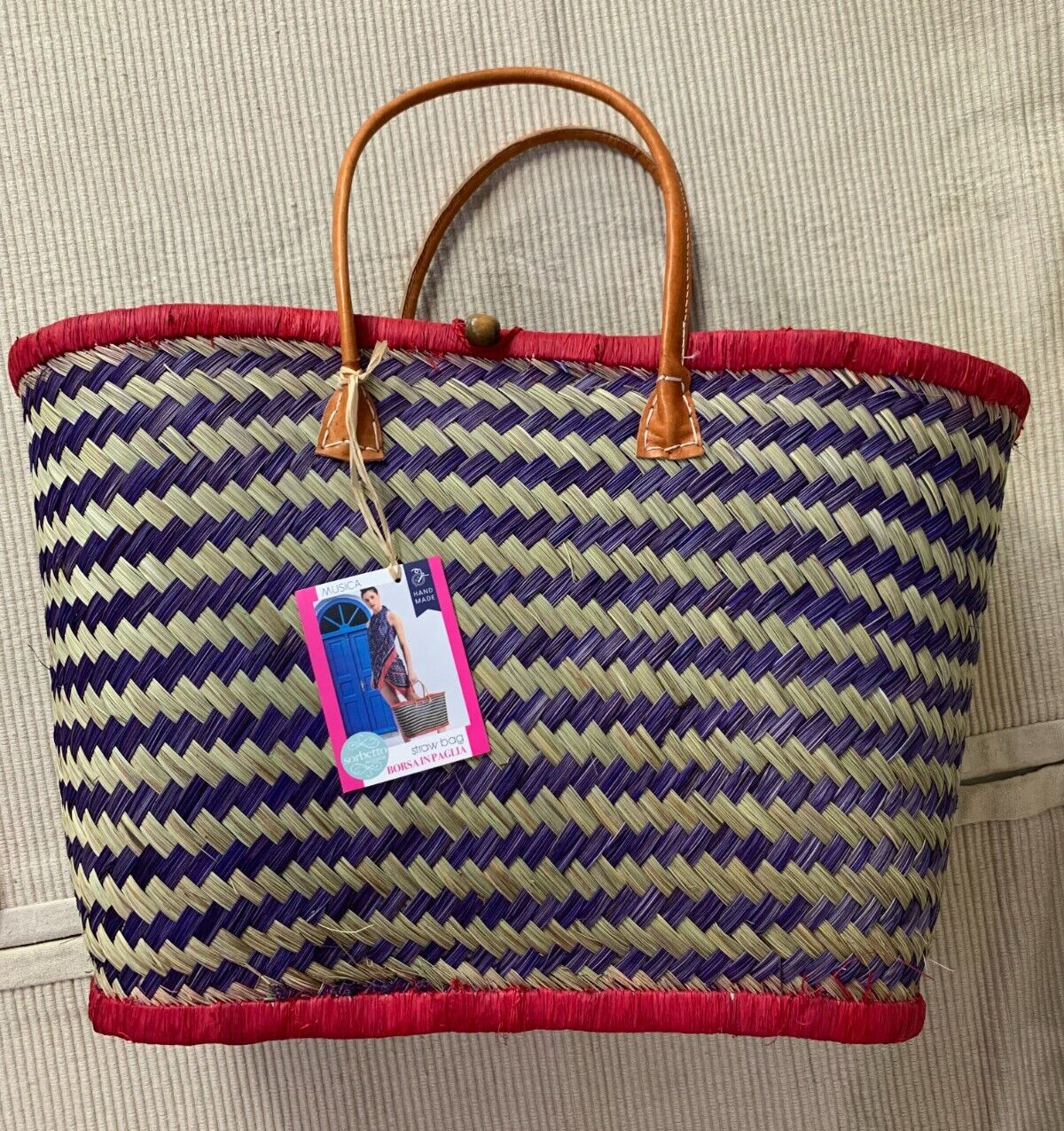 Borsa in paglia mare donna Sorbetto rigata con taschino