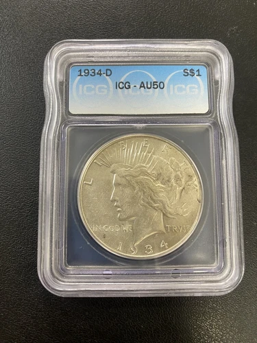 1934 D PEACE SILVER DOLLAR ICG  AU-50 - ABOUT UNCIRCULATED - BETTER DATE - $1