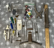 Vintage Sewing Machine Attachments Lot Walking Foot Hem Guide Tools Bobbins