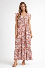 Womens Small Dusty Rose Floral Boho Italian Summer Cottagecore Beach Midi Dress