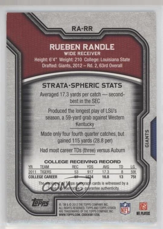 2012 Topps Strata Rookie Auto Green /50 Rueben Randle #RA-RR Auto RC - Image 2 of 2