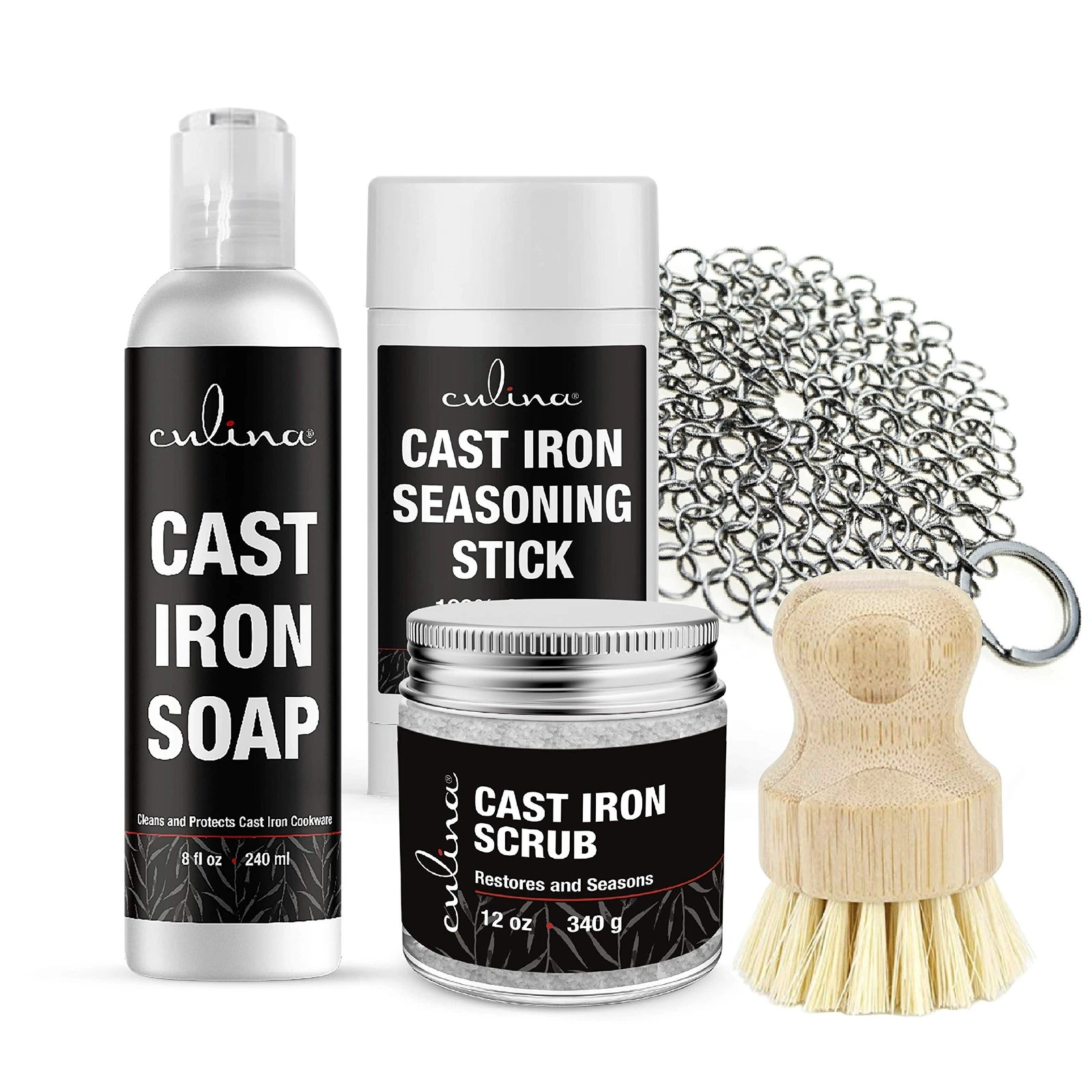Cast Iron Seasoning Stick & Soap & Restoring Scrub & Stainless Scrubber & bru...
