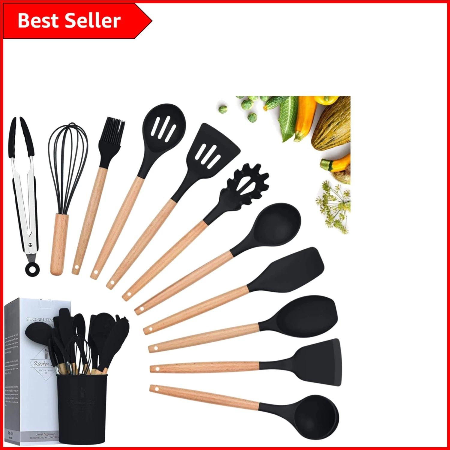 Complete 12-Piece Silicone Utensils for Nonstick Cookware - Elegant Black Design