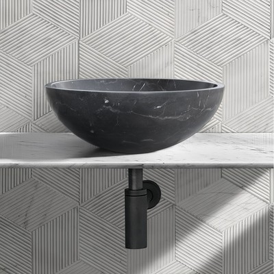 Dark Grey Marble 16'' Round Bathroom Vessel Sink - Solid Carved Stone Basin