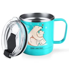 HAUSHOF 14 oz Insulated Coffee Mugs Stainless Steel w/Lid Handle Christmas Bears