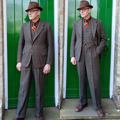Herren Vintage Tweed Fischgrät Anzüge Kariert Business Einreiher Bräutigam Abschlussball