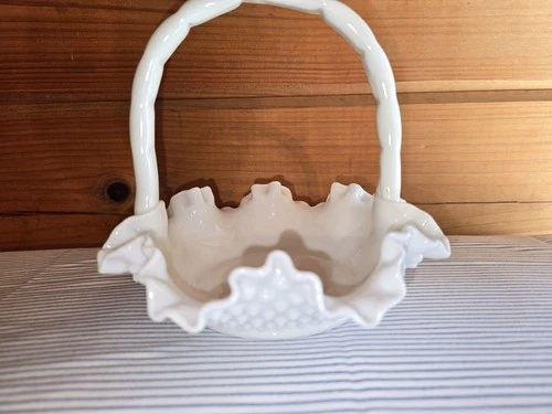 Fenton White Milk Glass Hobnail Decorative Basket with Ruffled Edge and Handles