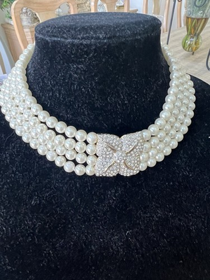 #ad Landau Women#x27;s 4 Strand Pearl Necklace with Center Flower Like Crystal Accent. $168.00