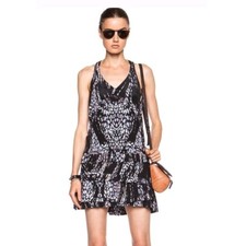 IRO Designer Abstract Black Print Ruffle Dress Black Drop Waist SILK Womens 38