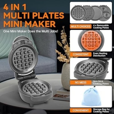 Tragbares 4in1 Mini Waffeleisen macht Waffeln Pfannkuchen Donuts und Sandwiches
