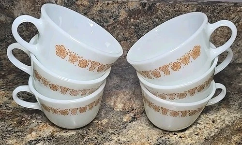 Set of 6 Vintage C-Handle PYREX Butterfly Gold Mugs Milk Glass
