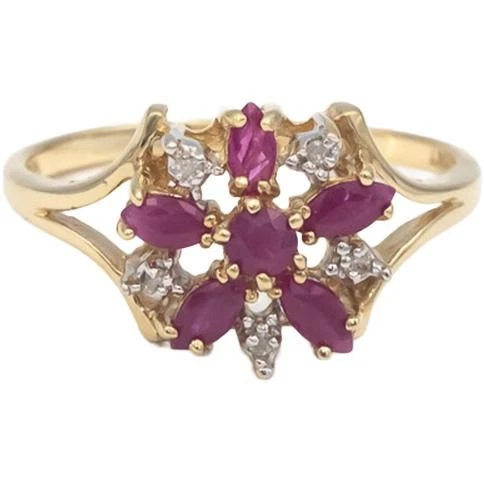 Joyería de oro amarillo de 10k anillo de diamantes y flores de rubí de 0,48 quilates talla 7,25