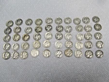 US SILVER COIN COLLECTION LOT OF 50 MERCURY DIMES 90% SILVER