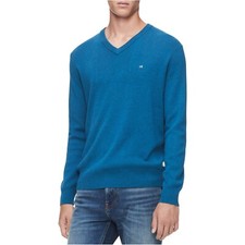 NWT 80 Calvin Klein Men 2XL Ribbed V-Neck Pullover Aqua Blue Cotton Sweater /2A