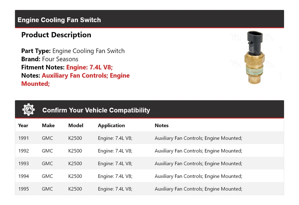 Interruptor de ventilador de refrigeración del motor V8 de 7,4 L GMC K2500 1991-1995 4 estaciones 1992 1993 Foto 2 de 4