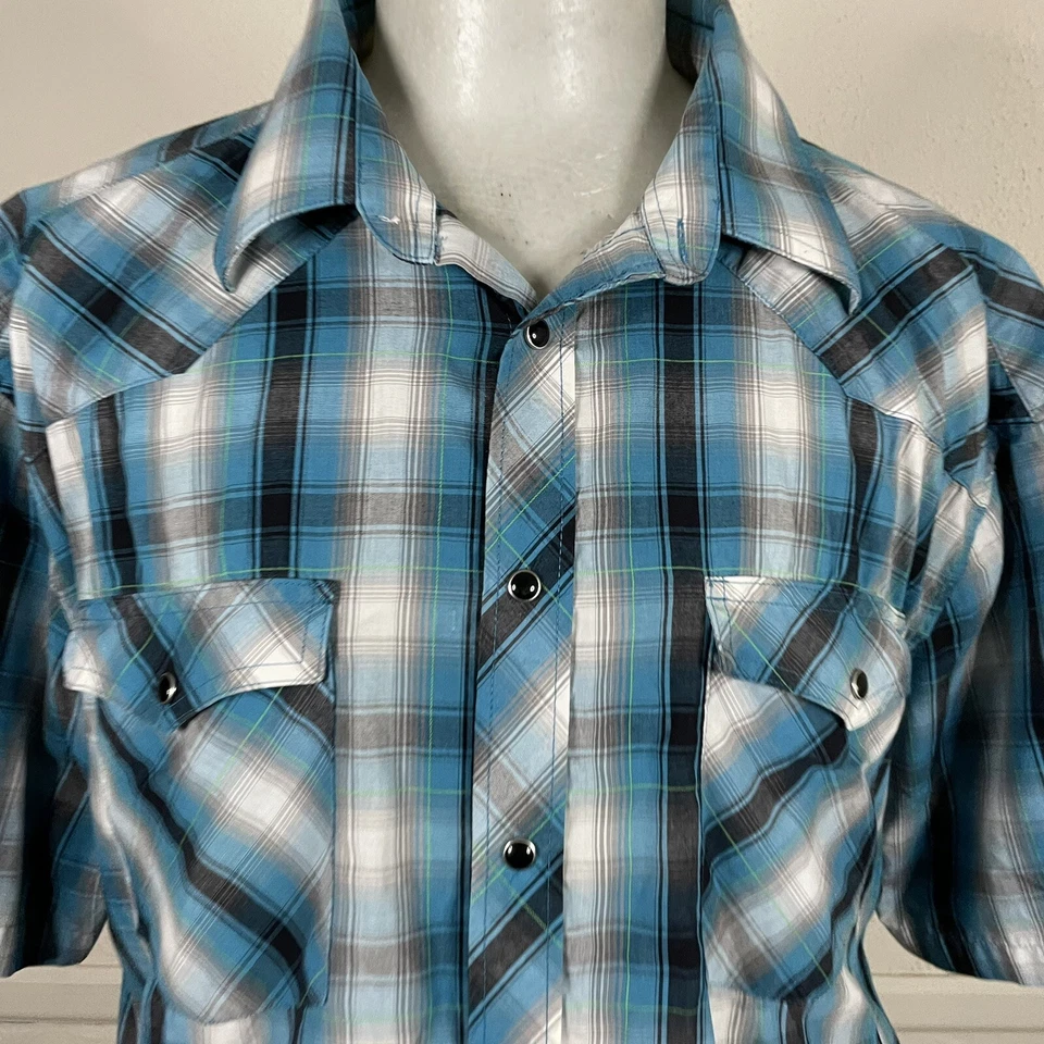 Gioberti Shirt Mens 3XL Teal Black Plaid Short Sleeve Pearl Snap Collared - Image 4 of 4