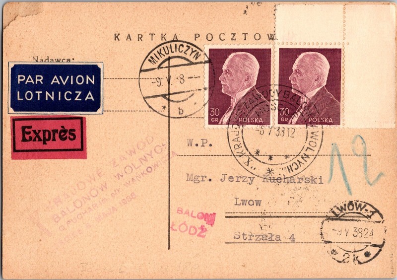 1938 Mikulicze Poland Ballon Flight Airmail Postcard Cover to Lwow