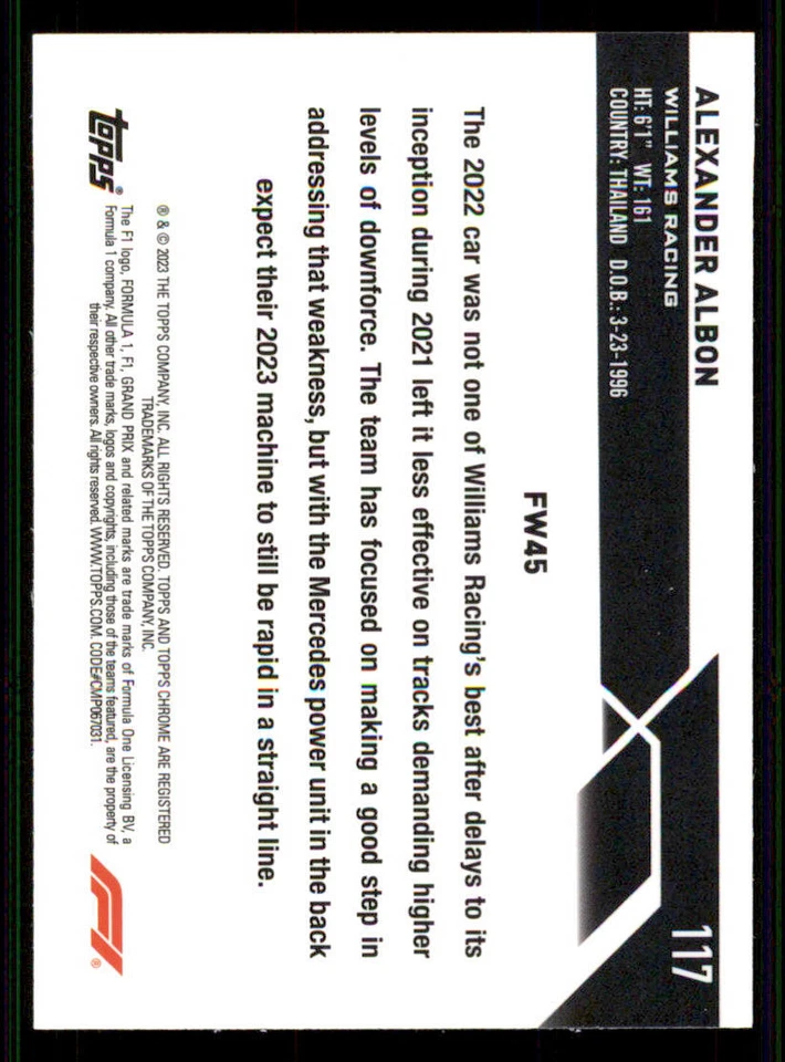 2023 Topps Chrome Formula 1 #117 Alexander Albon CAR - Image 2 of 2