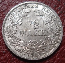 1915-F GERMANY 1/2 MARK IN AU CONDITION