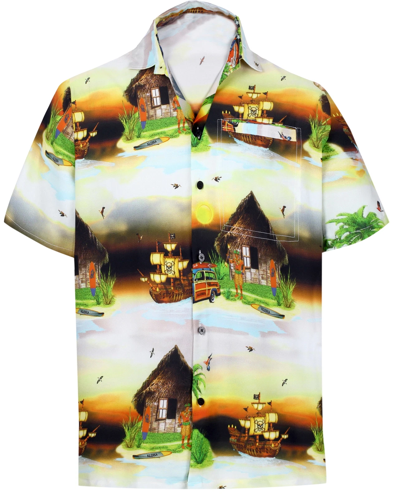 HAPPY BAY Mens Hawaiian Short Sleeve Button Down Shirts XS Holiday Tribal, Black