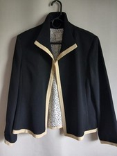 Austin Reed Lined 100% Worsted Wool Black Jacket Ivory Trim Sz18P Made In USA