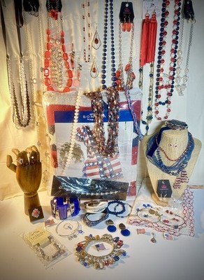 Patriotic/American/Red/White/Blue/USA/Jewelry Lot 75+ VTG to Mod/Some NWT +Throw