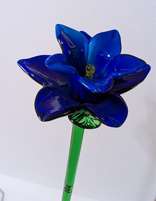 HQT Hand-Blown Art Glass Blue Rose Long Stem Flower 19.25''