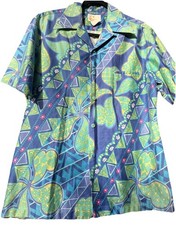 Iolani Hawaii Aloha Shirt Mens L Blue Green Tropical Geometric Camp Collar Rayon