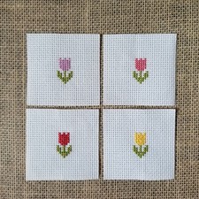 Finished Completed Cross Stitch Tulips 4 Mini Pieces for DIY Crafts