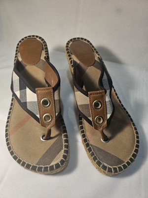 Burberry Classic Nova Check Canvas Espadrille Wedge Thong Sandals size 40