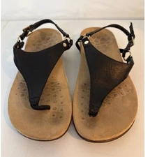 Vionic Adjustable T Strap Black Leather Thong Sandals Size 8 Wide Fit Comfort