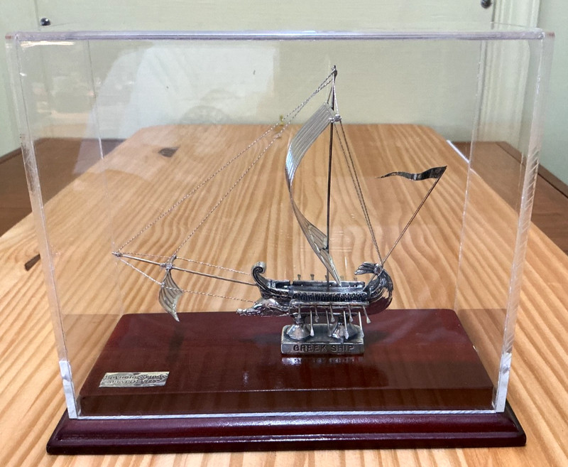 Sterling Silver 925 Greek Sailing Ship Miniature plexiglass enclosure