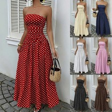 Holiday Long Swing Beach Polka Dot Ruched Dress Laides Party Summer Boob Tube UK