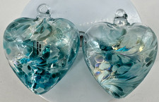 2 Iron Art Designs Poland Hand Blown Glass Heart Ornaments (Aquas) 4”X 3.5”