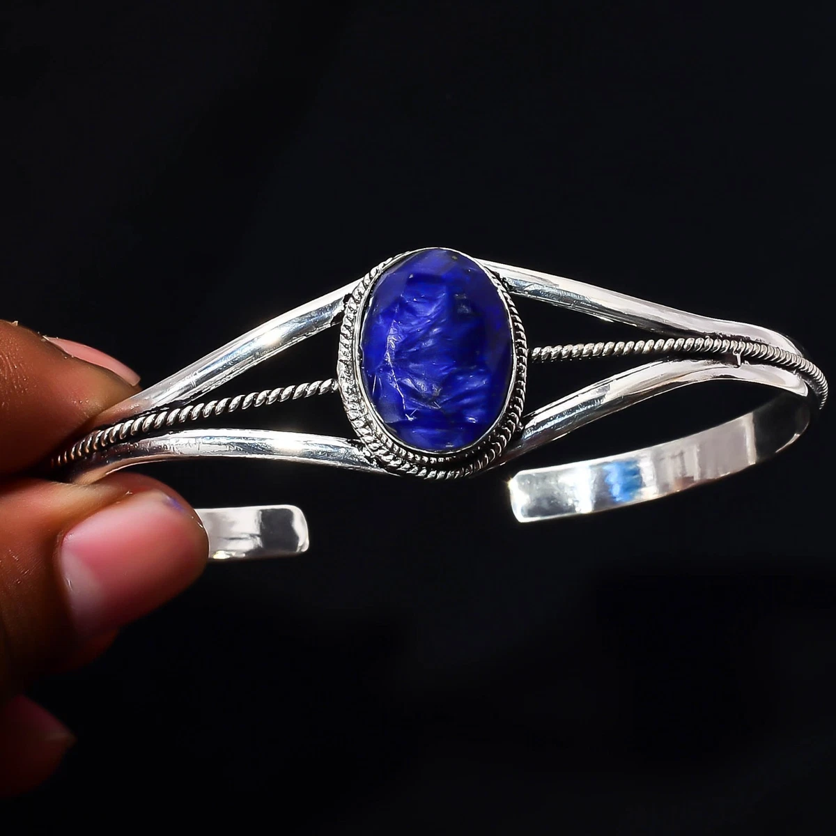 Blue Quartz Gemstone 925 Sterling Silver Handmade Bangle Jewelry Gift For Love