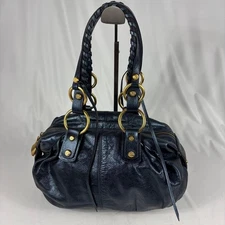 Francesco Biasia Handbag Leather Metallic Navy Gold Hardware Logo Buttons Japan 