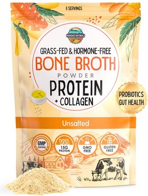 Grass-Fed Beef Bone Broth Powder with Probiotics, Collagen, 15g Protein, Keto