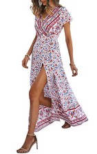 Ecowish Floral Boho Wrap Maxi Dress V‑Neck Short Sleeve Women’s Size M