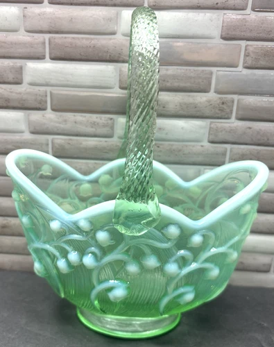 Fenton Green Lily Of The Valley Opalescent Basket With Scalloped Edge, 7.5” Tall