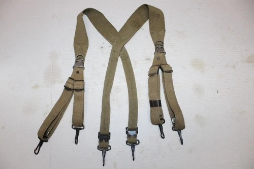US Military Issue WW2 Khaki Canvas Cartridge Ammunition Belt Suspenders JS10