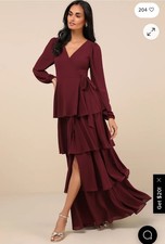 NWT $98 Lulus Marvelous Grace Plum Long Sleeve Tiered Wrap Maxi Dress Womens XS