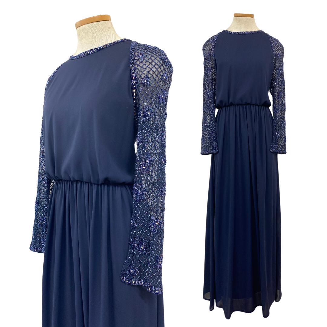 Vtg 60s 1960s Victoria Royal Designer Mother Of The Bride Beaded Navy Gown