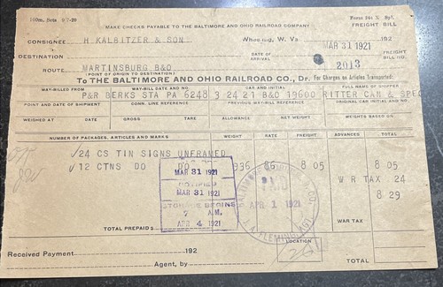 1921 Baltimore & Ohio Railroad Bill Of Lading Ritter Can