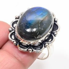 Natural Fire Labradorite Gemstone 925 Sterling Silver Jewelry Ring Sz 8.5 USA